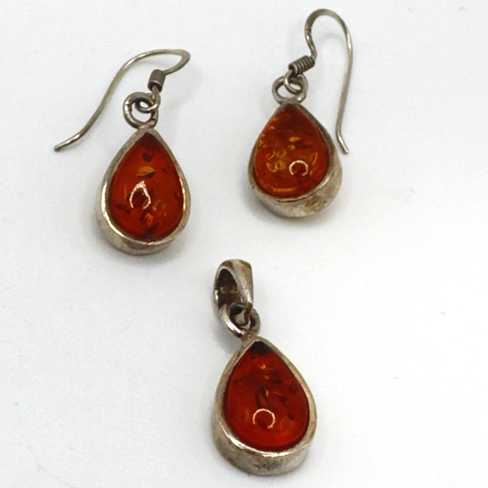 Vintage Sterling Silver Amber Teardrop Earrings and Pendant Set Pierced